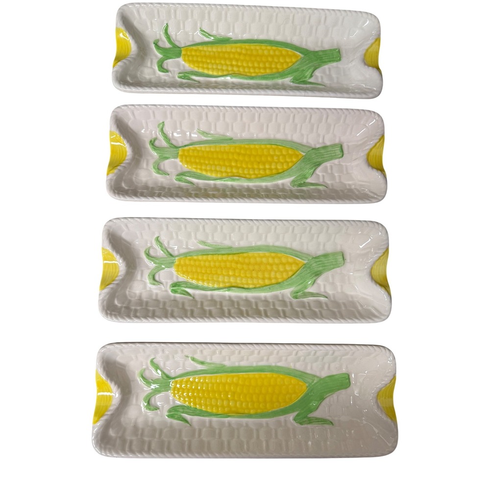Vintage Shafford Ceramic Corn on the Cob Dishes Set of 4 Yellow Green 9.5in